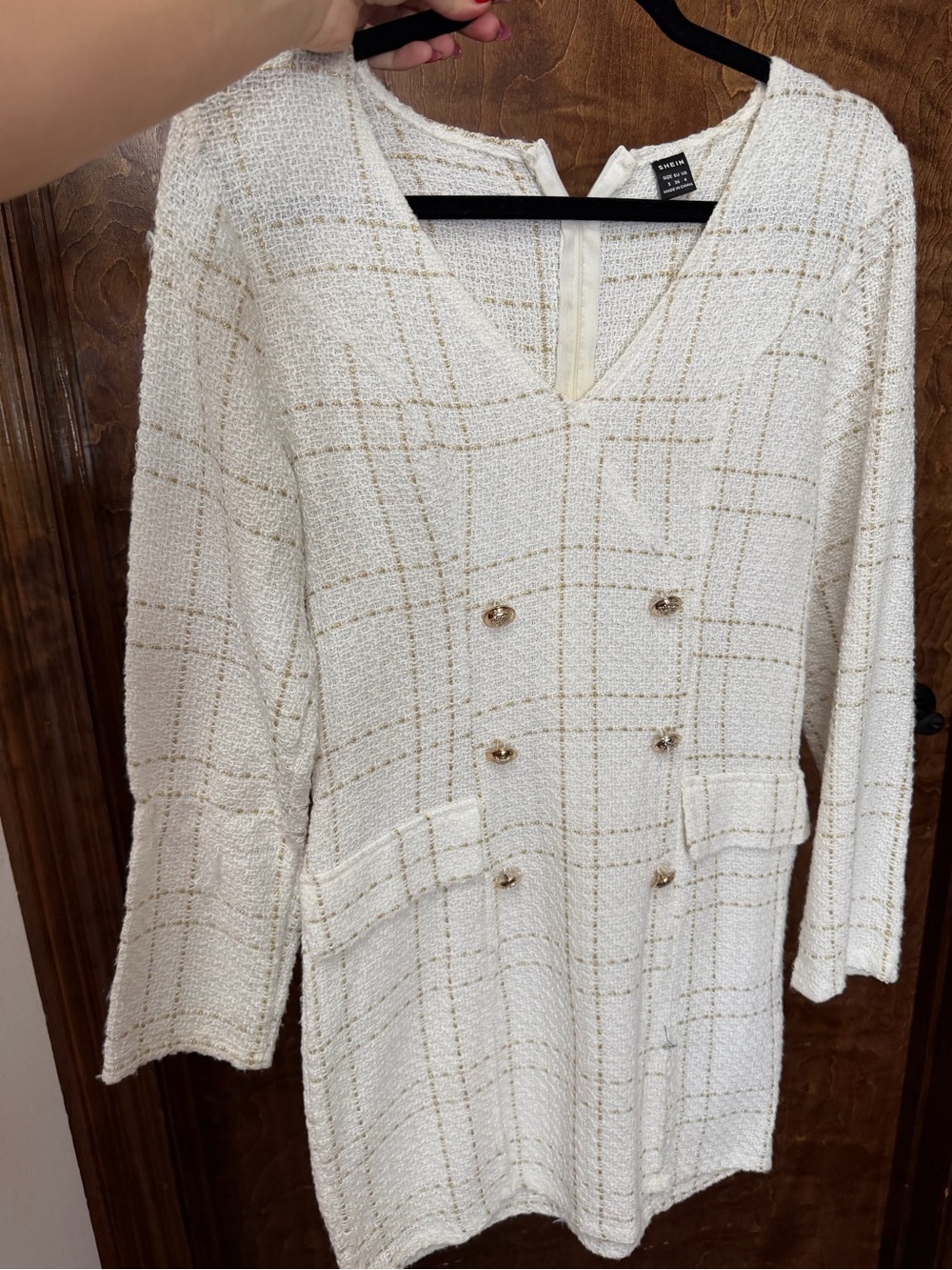 SHEIN Cream Textured Long-Sleeve Double-Breasted Dress with Gold Thread